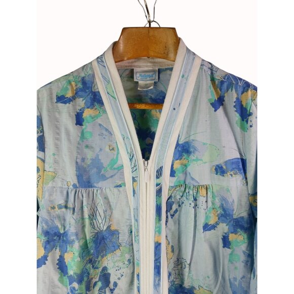 National Womens Zip Front Housecoat Robe 1X Blue Floral Butterfly Cozy Lounge - Picture 3 of 11